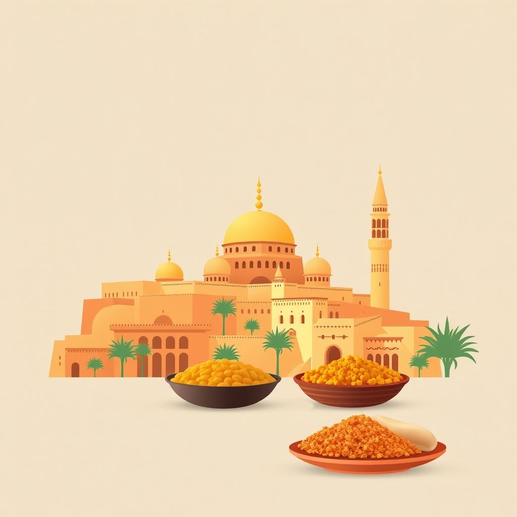 Gradient illustration of Sidi Bakhti, Medroussa, Tiaret, Algeria, featuring historic mosques, traditional architecture, and local cuisine like couscous and tagine.