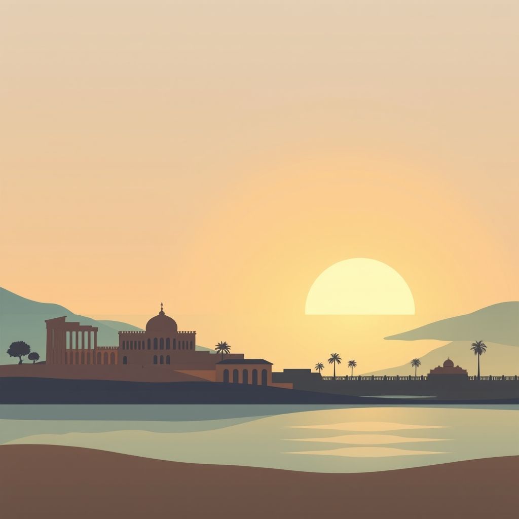 Ultra-high-definition gradient illustration of Sidi Ghiles, featuring the Roman Ruins of Tipaza, the Cherchell Museum, and local specialties like couscous and makroudh.