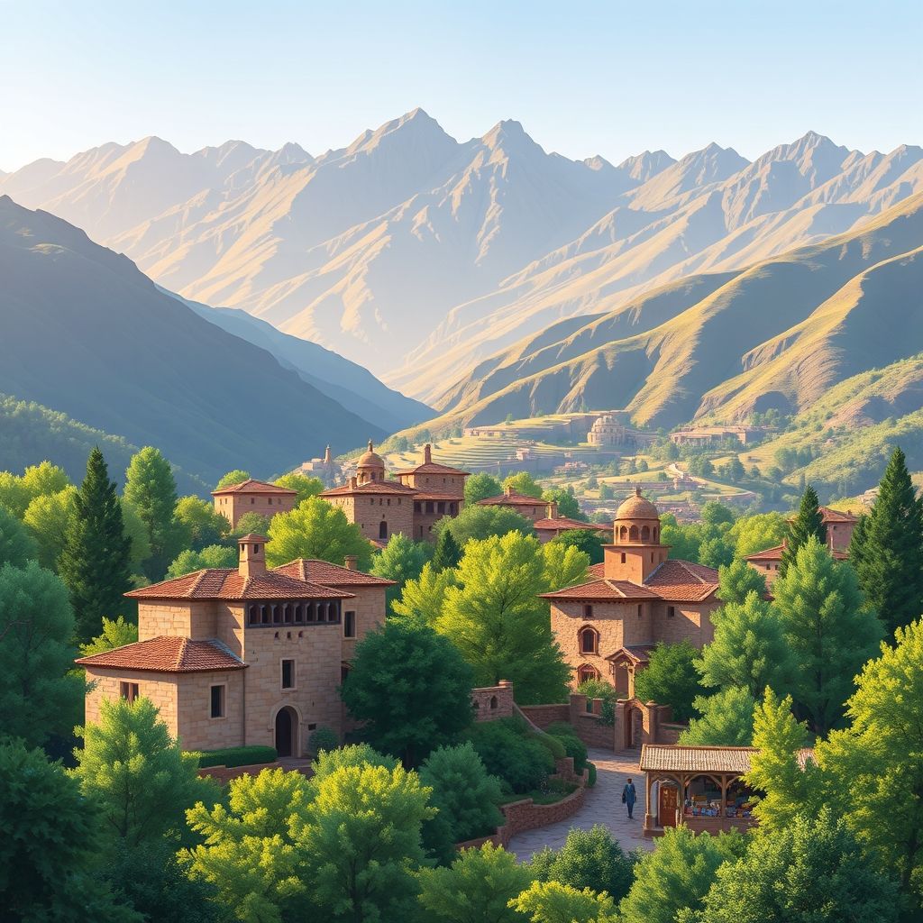 Ultra-high-definition gradient illustration of Idjeur, Bouzeguene, Tizi Ouzou, Algeria, featuring Djurdjura National Park, Kabyle villages, and local specialties like couscous and olive oil.