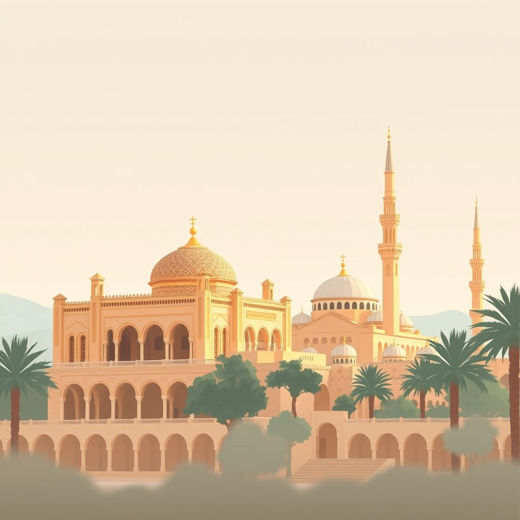 Ultra-high-definition gradient illustration of Beni Khellad, Honnaine, Tlemcen, Algeria, featuring El Mechouar Palace, the Great Mosque of Tlemcen, and traditional couscous.