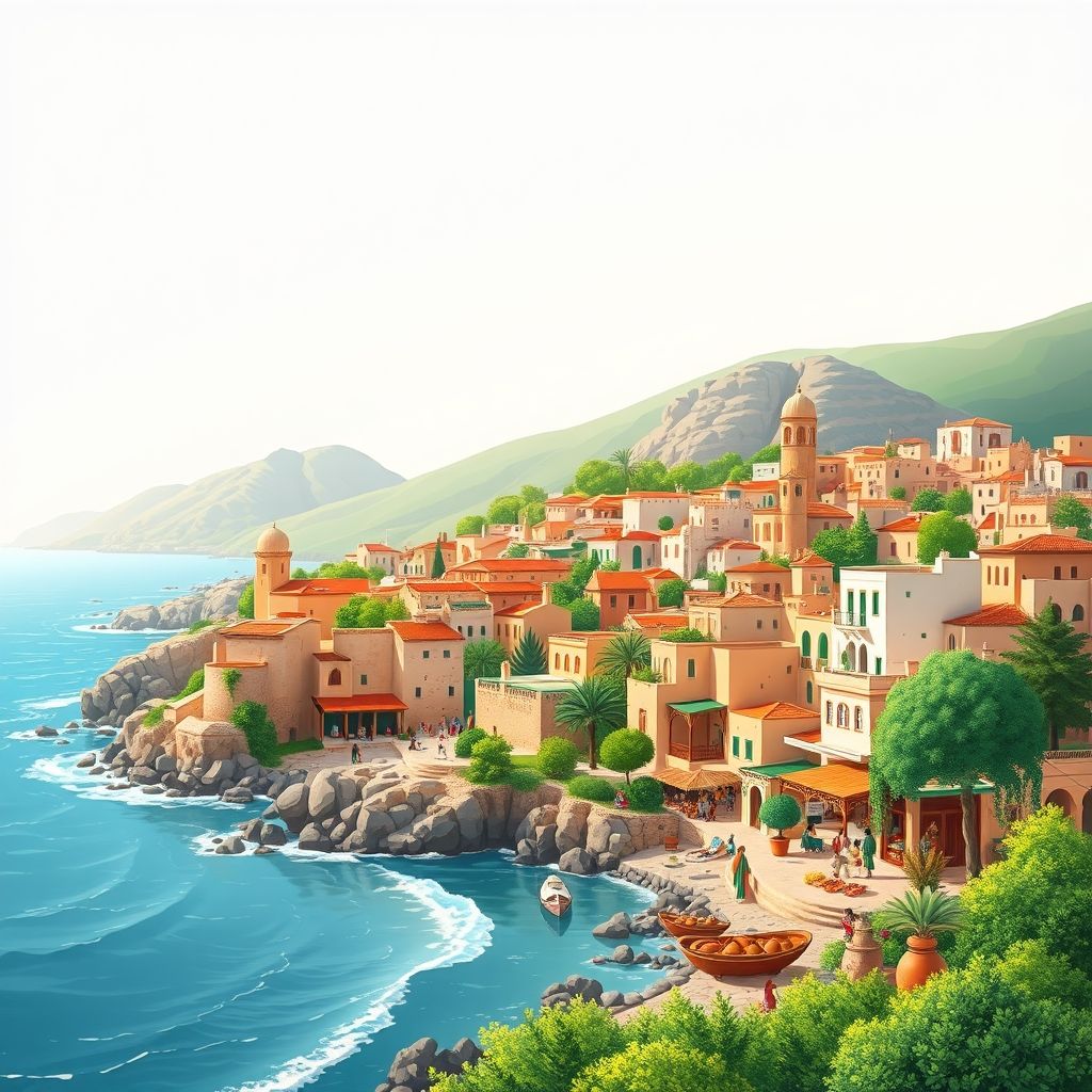 Ultra-high-definition gradient illustration of Oued Zitoun, Bouhadjar, El Tarf, Algeria, featuring El Kala National Park, Mediterranean coastline, Berber architecture, and market colors.