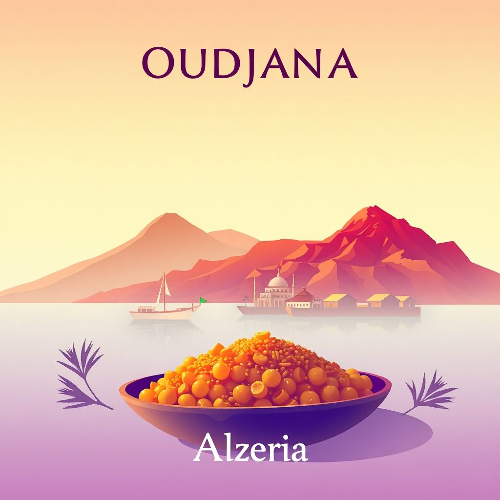 Ultra-high-definition gradient illustration of Oudjana, Taher, Jijel, Algeria, featuring Jijel Beach, Tassili n'Ajjer National Park, and couscous.