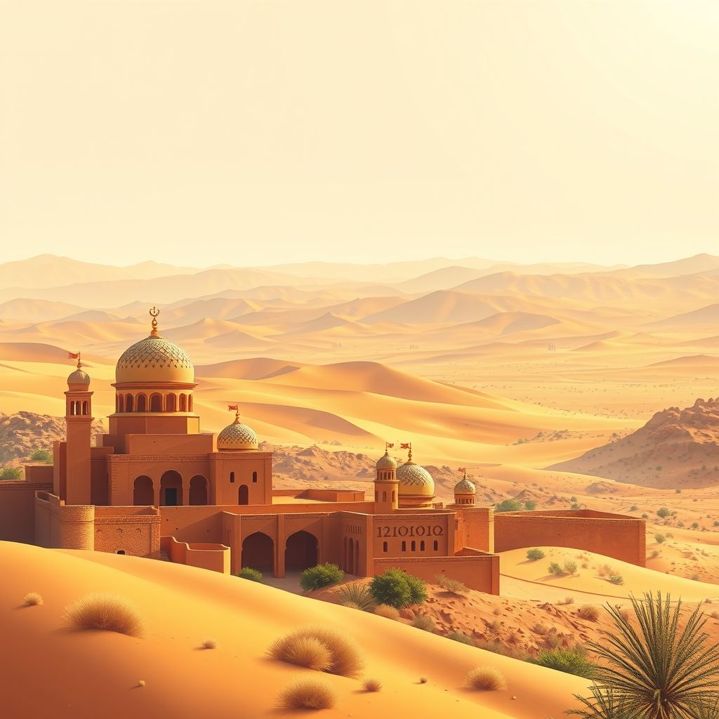 Ultra-high-definition gradient illustration of Zaouia El Abidia, Ouargla, Algeria, featuring the Old Ksar of Ouargla, historic mosques, Tuareg culture, and desert landscape.