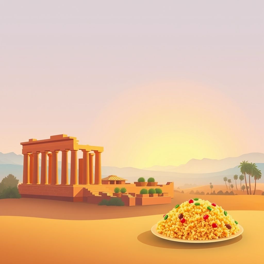 Ultra-high-definition gradient illustration of Oued Nini, Algeria, featuring the ancient Roman ruins of Timgad and traditional couscous.