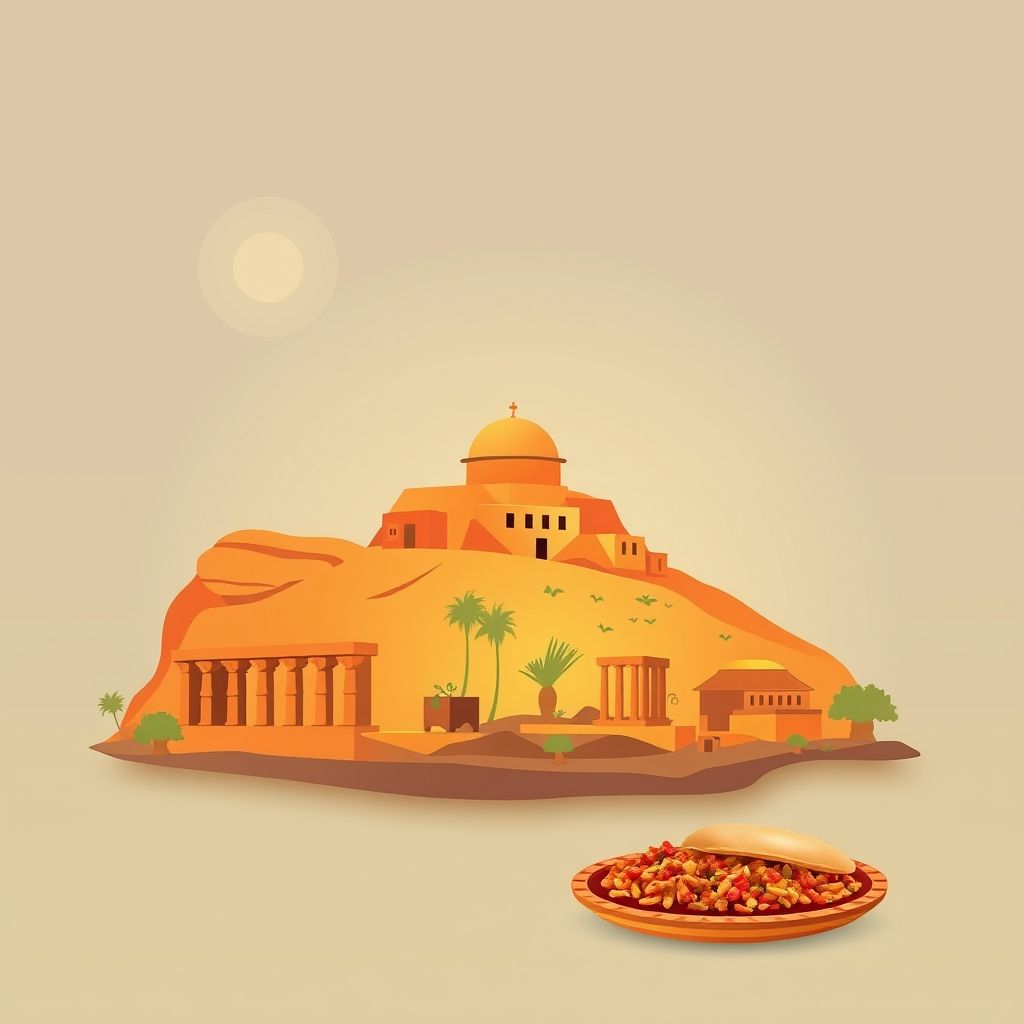 Ultra-high-definition gradient illustration of Beni Zentis, featuring Tassili n'Ajjer rock art, Djemila ruins, couscous, and méchoui.