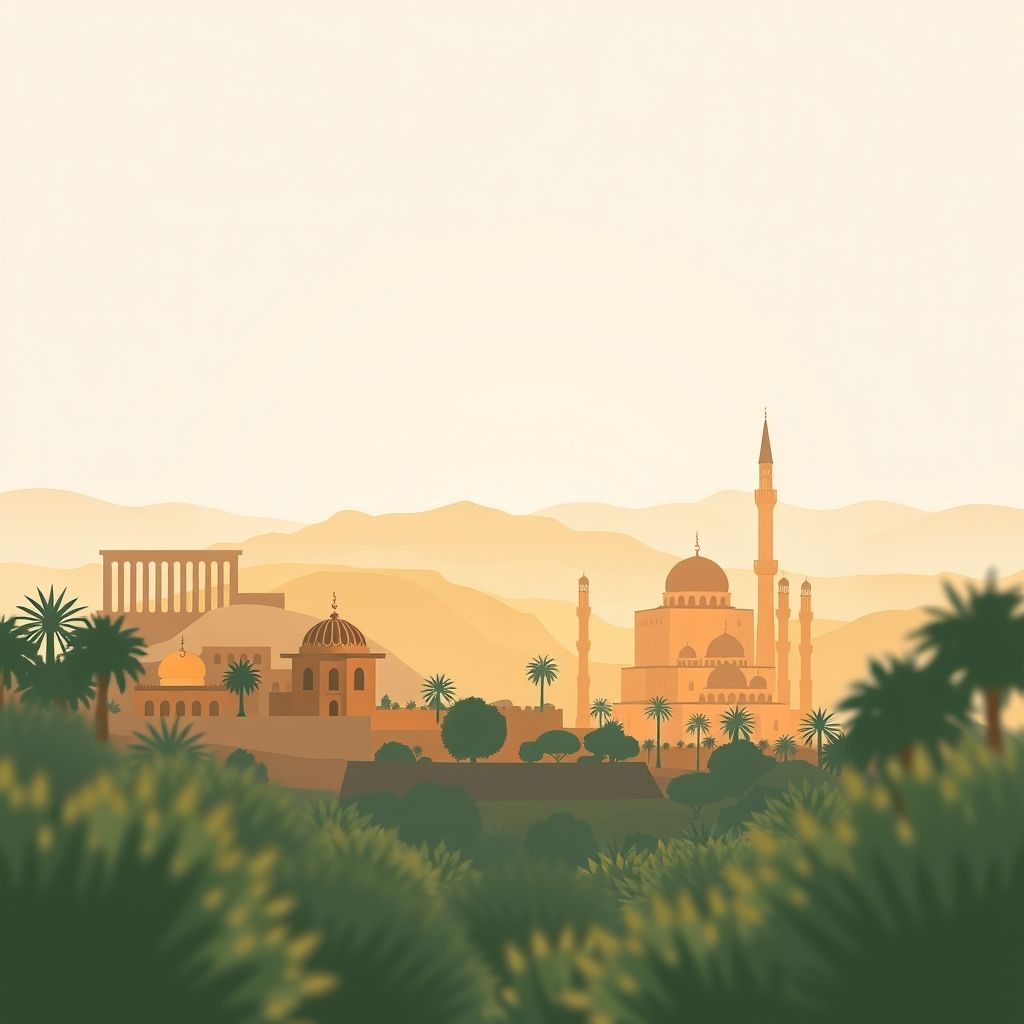 Ultra-high-definition gradient illustration of Dehamcha, featuring Djemila ruins, Setif National Park, Berber architecture, historic mosques, and Algerian cuisine.