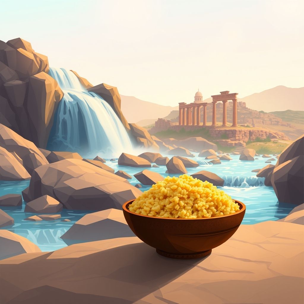 Ultra-high-definition gradient illustration of Oum El Adhaim, featuring Mechta Mahmoud waterfall, Roman ruins of Tiffech, and couscous.