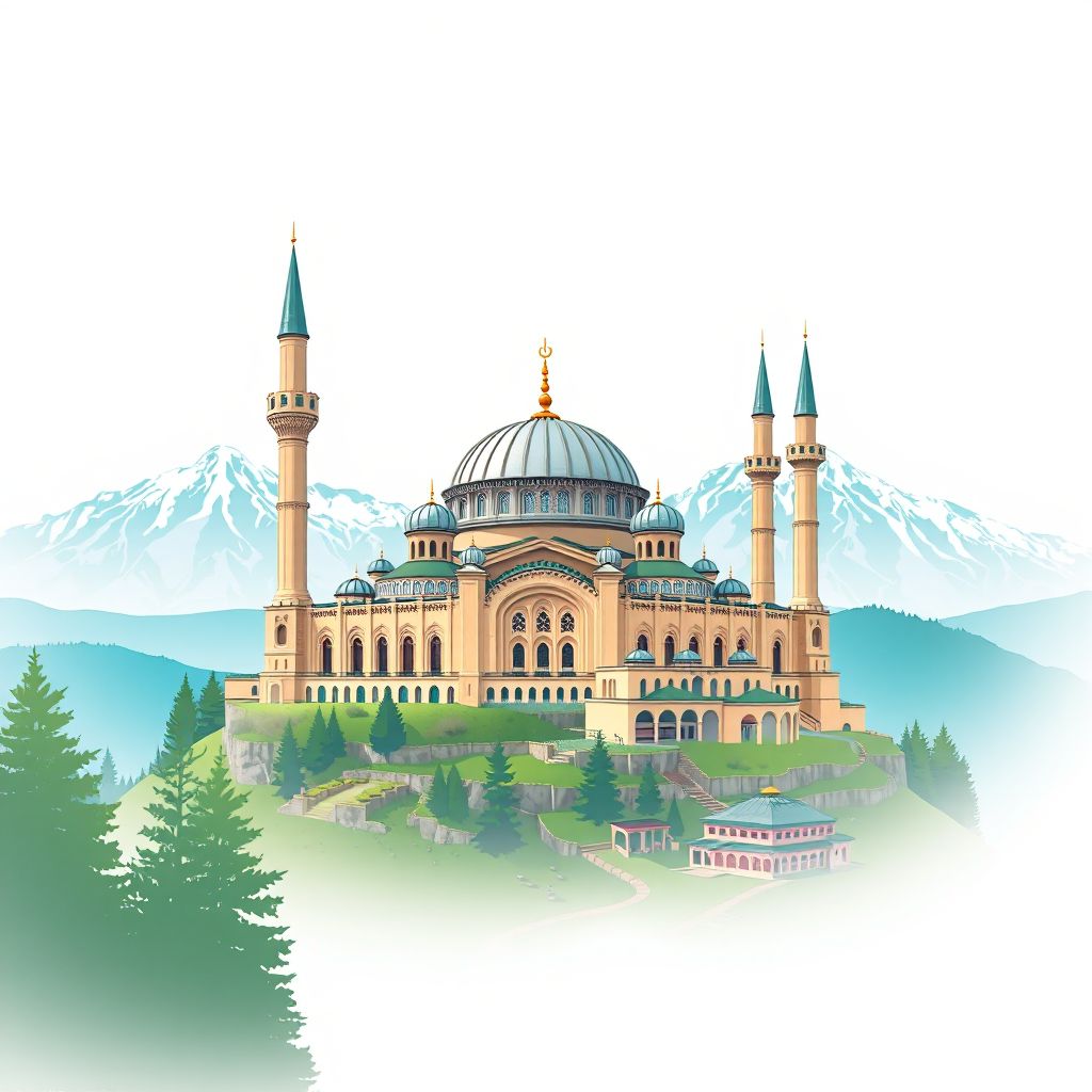 Ultra-high-definition gradient illustration style Gorodskoye Poseleniye Dyurtyuli illustration, showing the unique charm of the Dyurtyuli Mosque and the Ural Mountains.