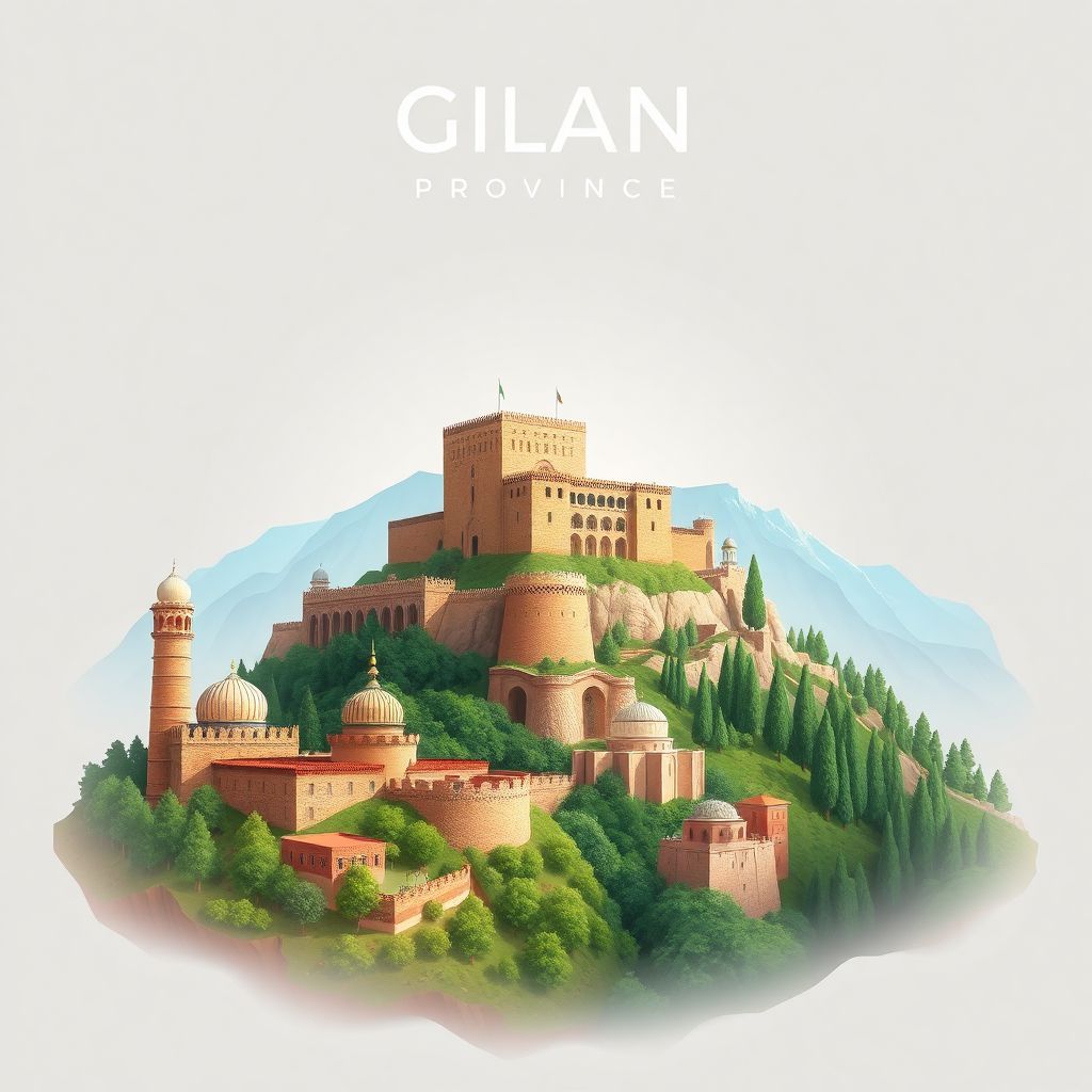 Ultra-high-definition gradient illustration of Gilan Province, Iran, featuring Rudkhan Castle and Masal forests.