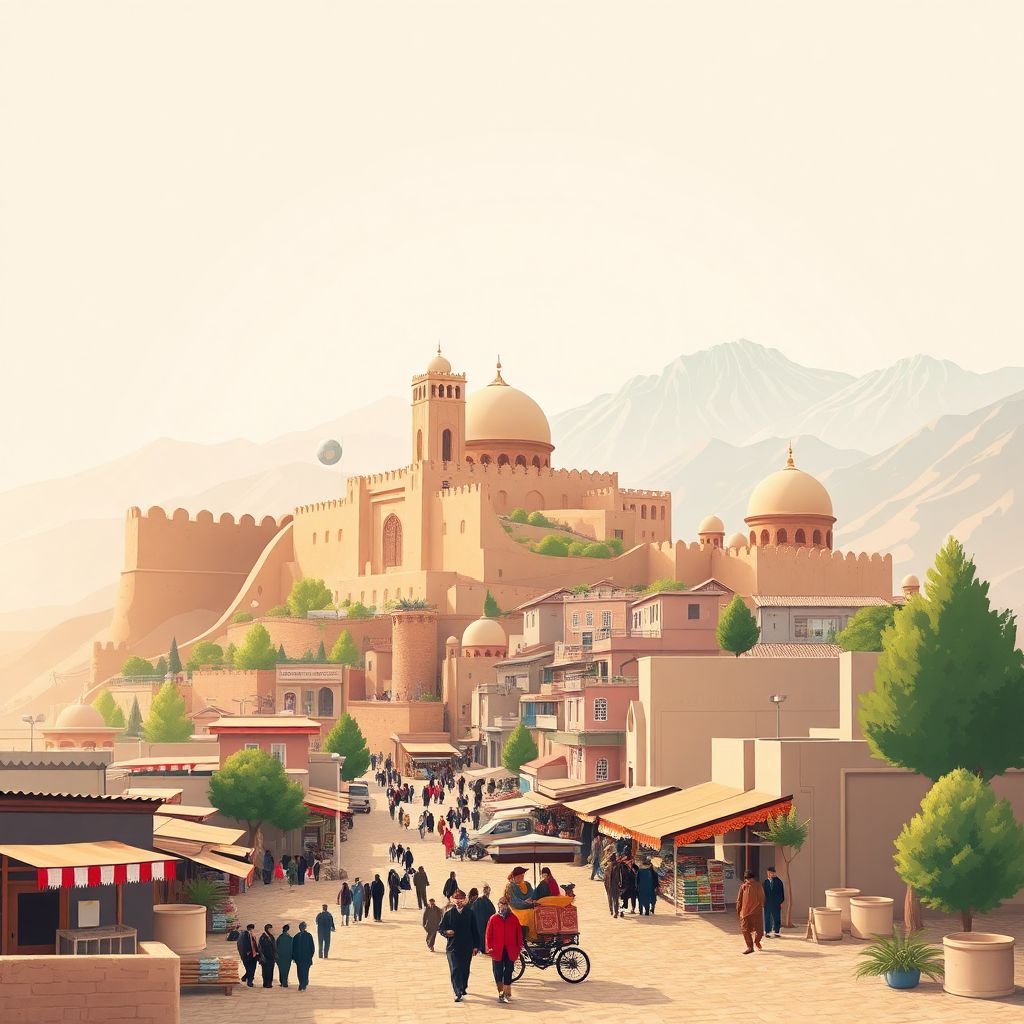Ultra-high-definition gradient illustration style Velayat-e Khowst illustration, showing the Khost Citadel, local bazaar, and surrounding mountains.