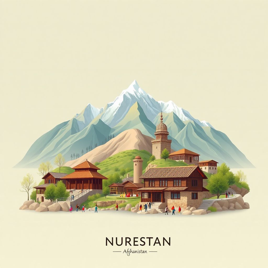 Ultra-high-definition gradient illustration style Velayat-e Nurestan illustration, showing the unique charm of the Nuristan Mountains, traditional wooden houses, and the ancient Hindu Kush range.