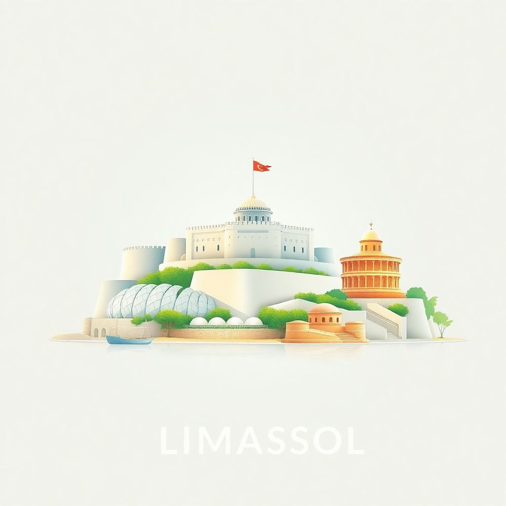 Ultra-high-definition gradient illustration style artwork of Limassol, Cyprus, featuring the Limassol Castle and the Kourion Archaeological Site.