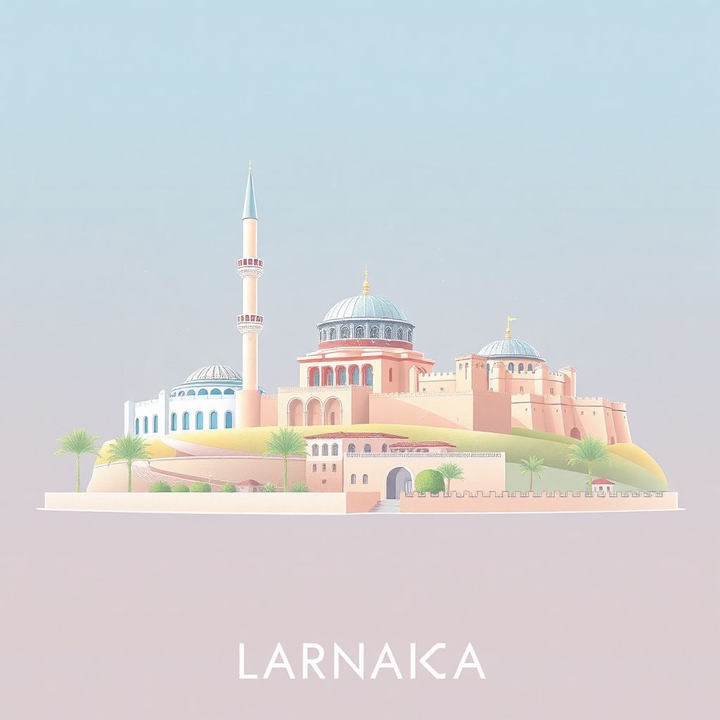 Ultra-high-definition gradient illustration style Larnaka illustration, showing the unique charm of the Hala Sultan Tekke and the Larnaca Castle.