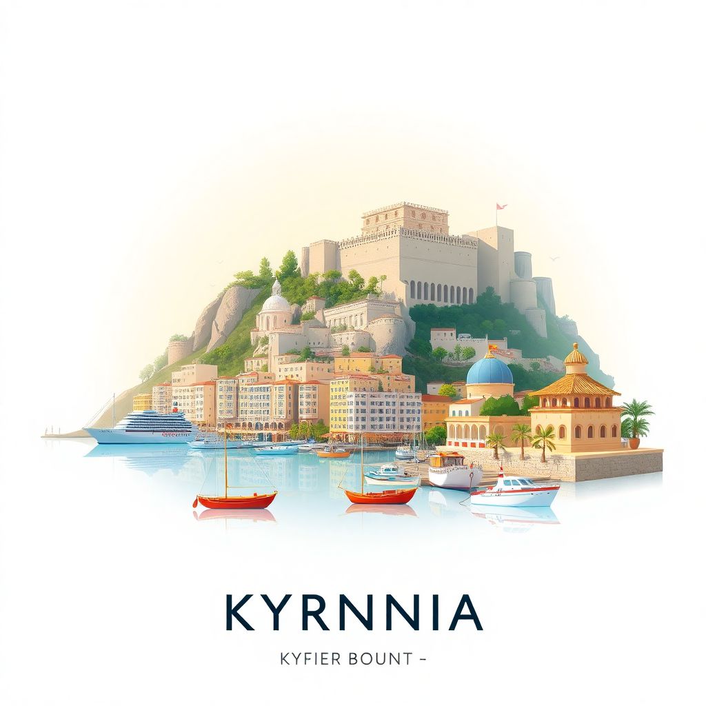 Ultra-high-definition gradient illustration of Kyrenia District, Keryneia, Cyprus, featuring Kyrenia Harbour, St. Hilarion Castle, and Halloumi cheese.