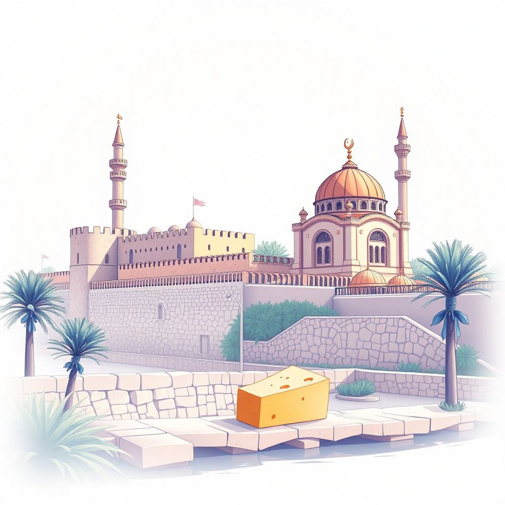 Ultra-high-definition gradient illustration of Ammochostos, Famagusta District, Cyprus, featuring the Famagusta city walls, Lala Mustafa Pasha Mosque, and halloumi cheese.