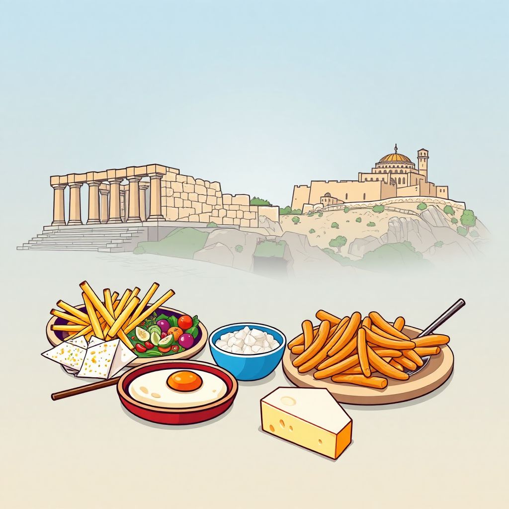 Ultra-high-definition gradient illustration style Cypriot illustration, showing the unique charm of Kato Paphos Archaeological Park and the Tombs of the Kings