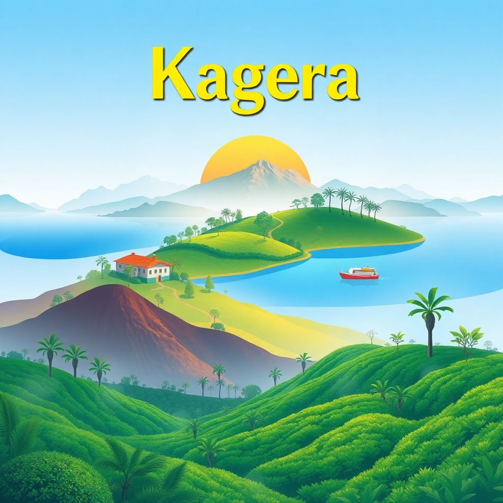 Ultra-high-definition gradient illustration of Kagera Region, Tanzania, highlighting Lake Victoria, Biharamulo Game Reserve, and tea plantations.