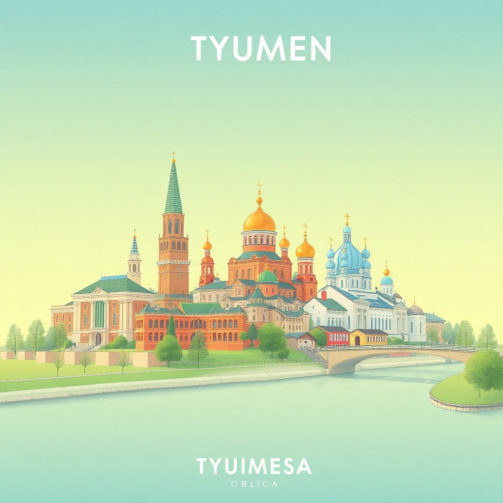 Ultra-high-definition gradient illustration style Tyumen Oblast illustration, showing the unique charm of the Tyumen State University, the Holy Trinity Monastery, and the Tura River.