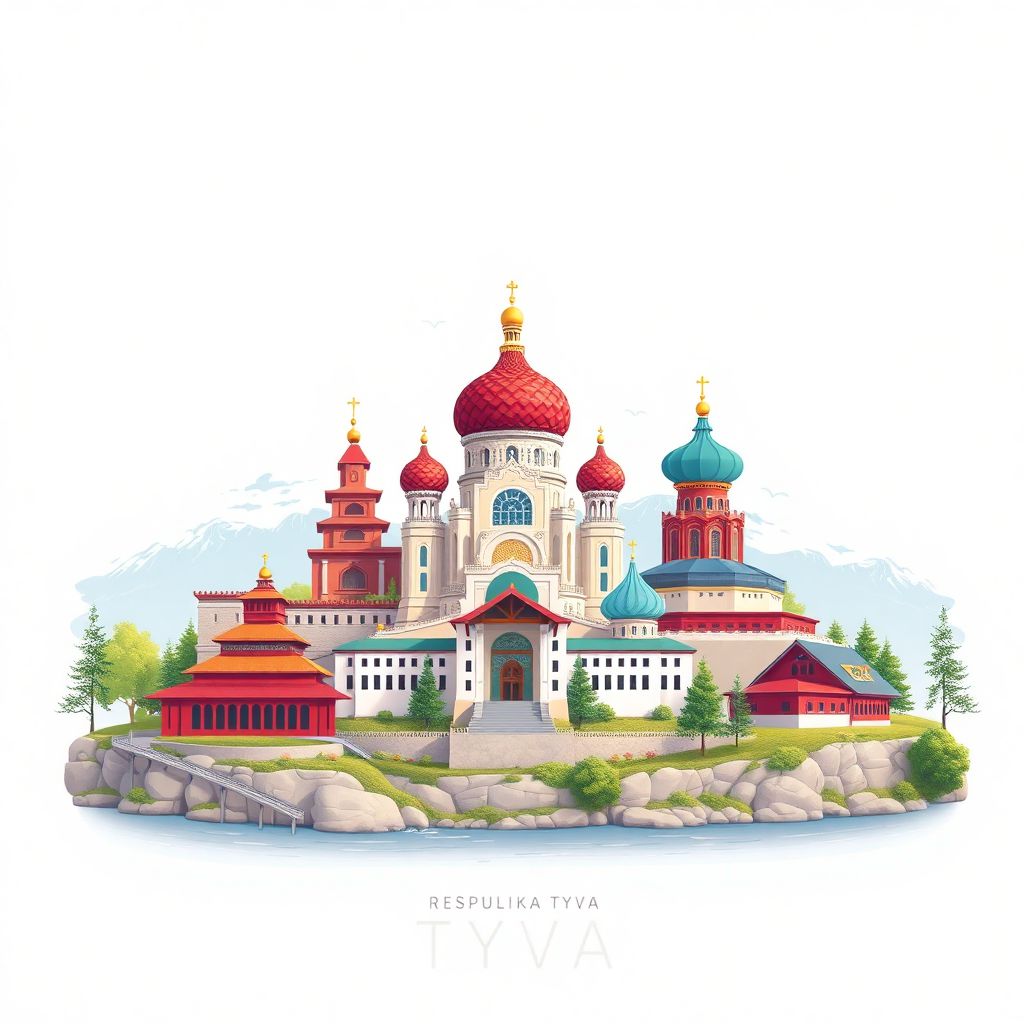 Ultra-high-definition gradient illustration style Respublika Tyva illustration, showing the unique charm of the Tuvan National Museum, the Tuvan Buddhist Temple, and the Yenisei River.