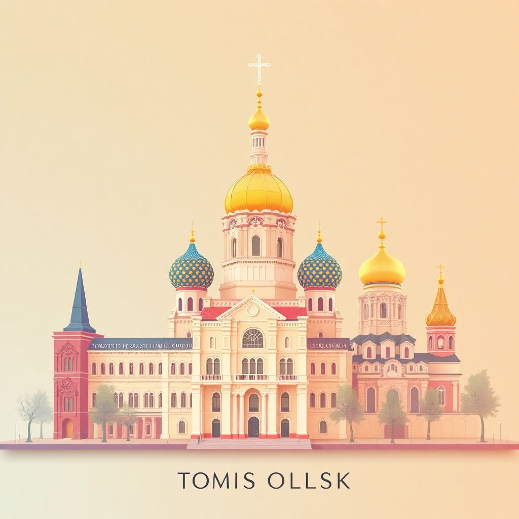 Ultra-high-definition gradient illustration of Tomsk Oblast, Russia, featuring Tomsk State University and the Resurrection Church.