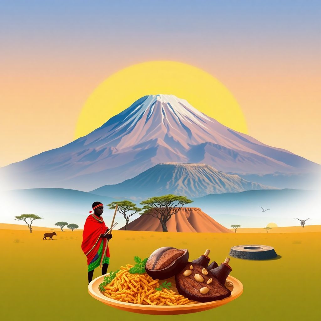 Ultra-high-definition gradient illustration style Tanzanian illustration, featuring Mount Kilimanjaro and the Serengeti National Park