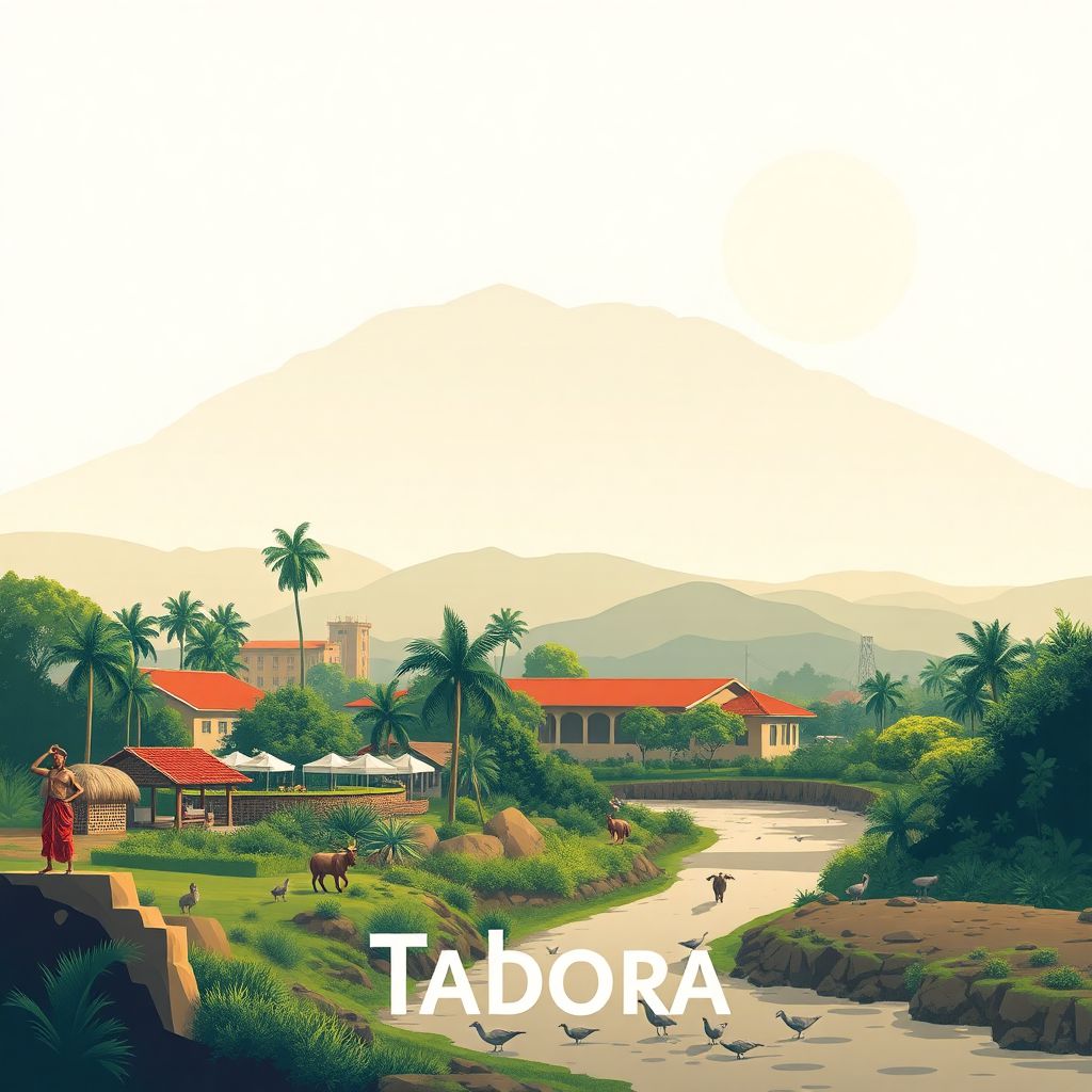 Ultra-high-definition gradient illustration of Tabora, featuring the Tabora Railway Station, Ugalla River, and traditional Tingatinga paintings.