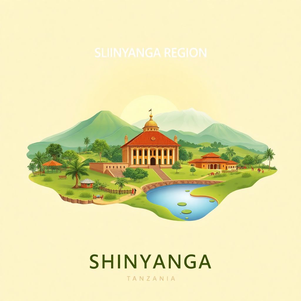 Ultra-high-definition gradient illustration style Shinyanga Region illustration, featuring the Shinyanga Regional Museum and stunning landscapes.