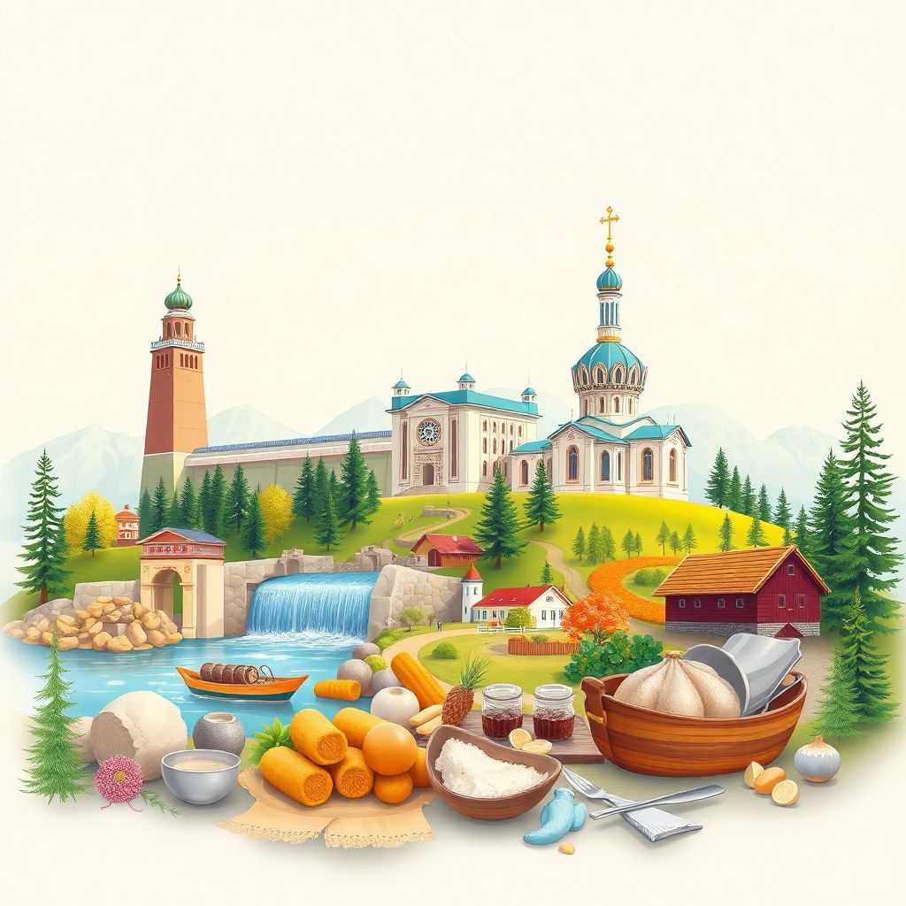 Ultra-high-definition gradient illustration of Krasnoyarskiy Kray, Krasnoyarsk Krai, Russia, featuring the Krasnoyarsk Hydroelectric Power Station, Paraskeva Pyatnitsa Chapel, and Stolby Nature Reserve.