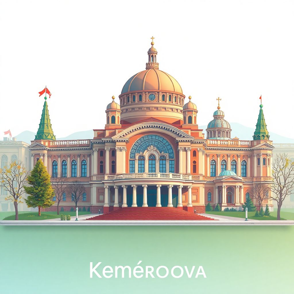 Ultra-high-definition gradient illustration of Kemerovo Oblast, Kuzbass, Russia, featuring the Kemerovo Museum of Fine Arts and the Kuzbass State Philharmonic.