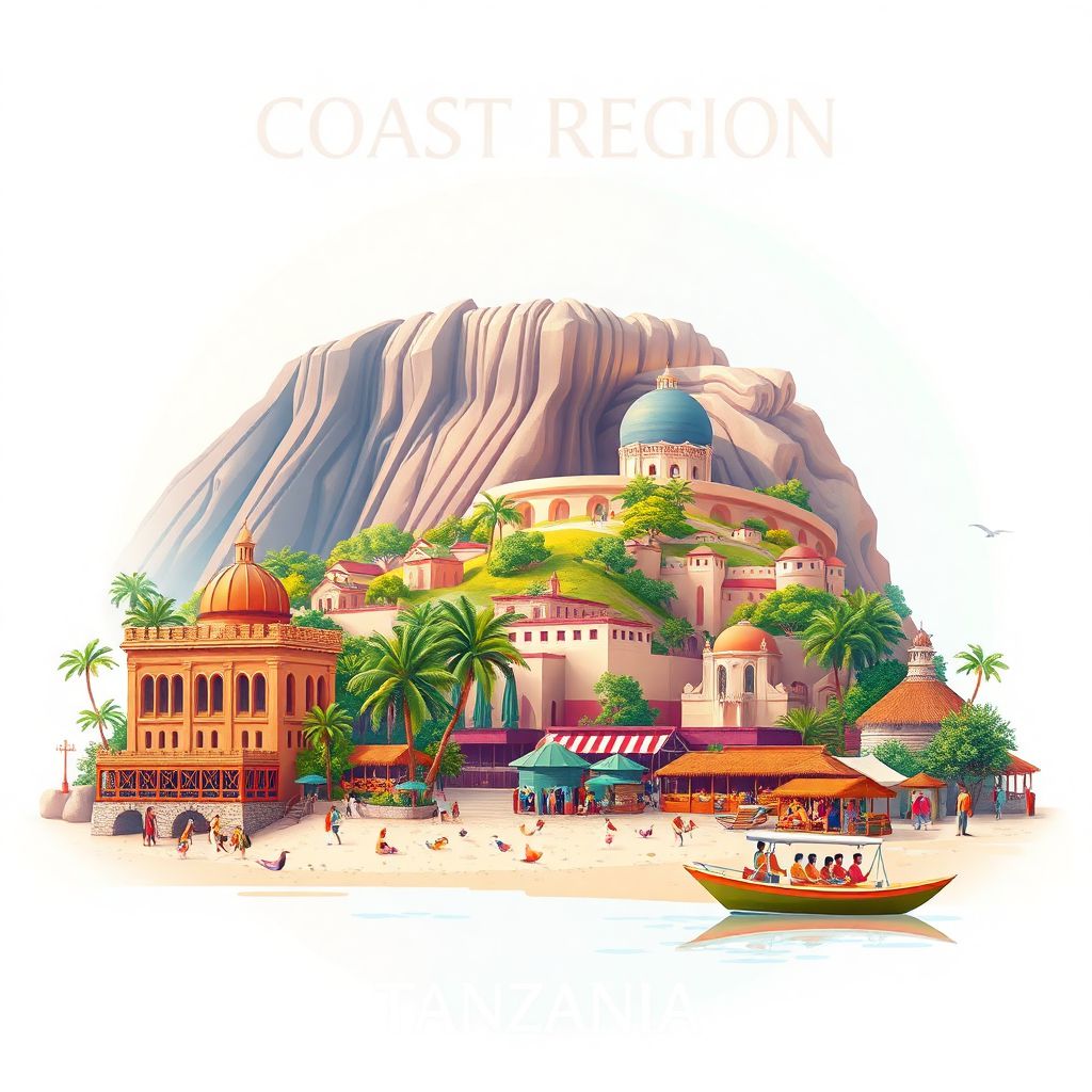 Ultra-high-definition gradient illustration of Coast Region, Pwani, Tanzania, featuring the historic ruins of Bagamoyo and vibrant markets.