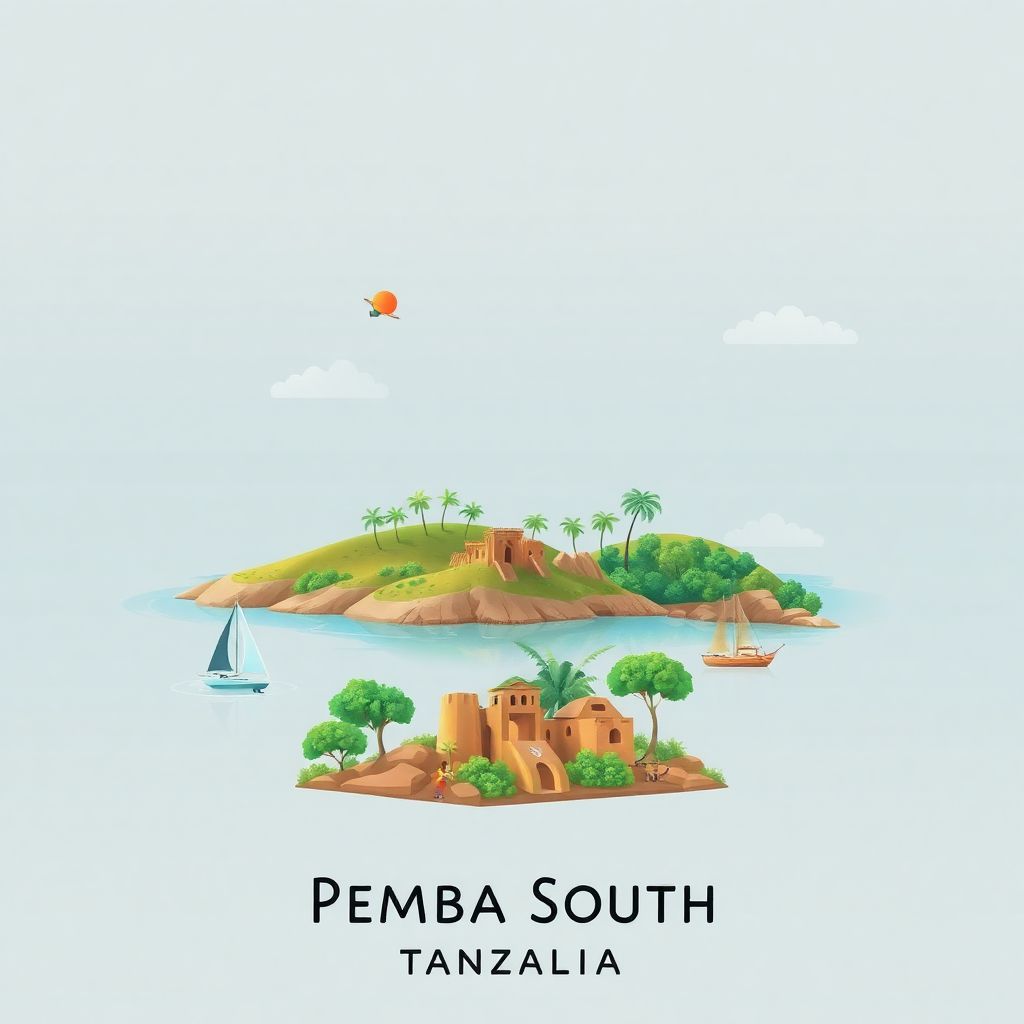 Ultra-high-definition gradient illustration style Pemba South Region illustration, showing the unique charm of Misali Island, Ngezi Forest Reserve, and the historic ruins of Pujini.
