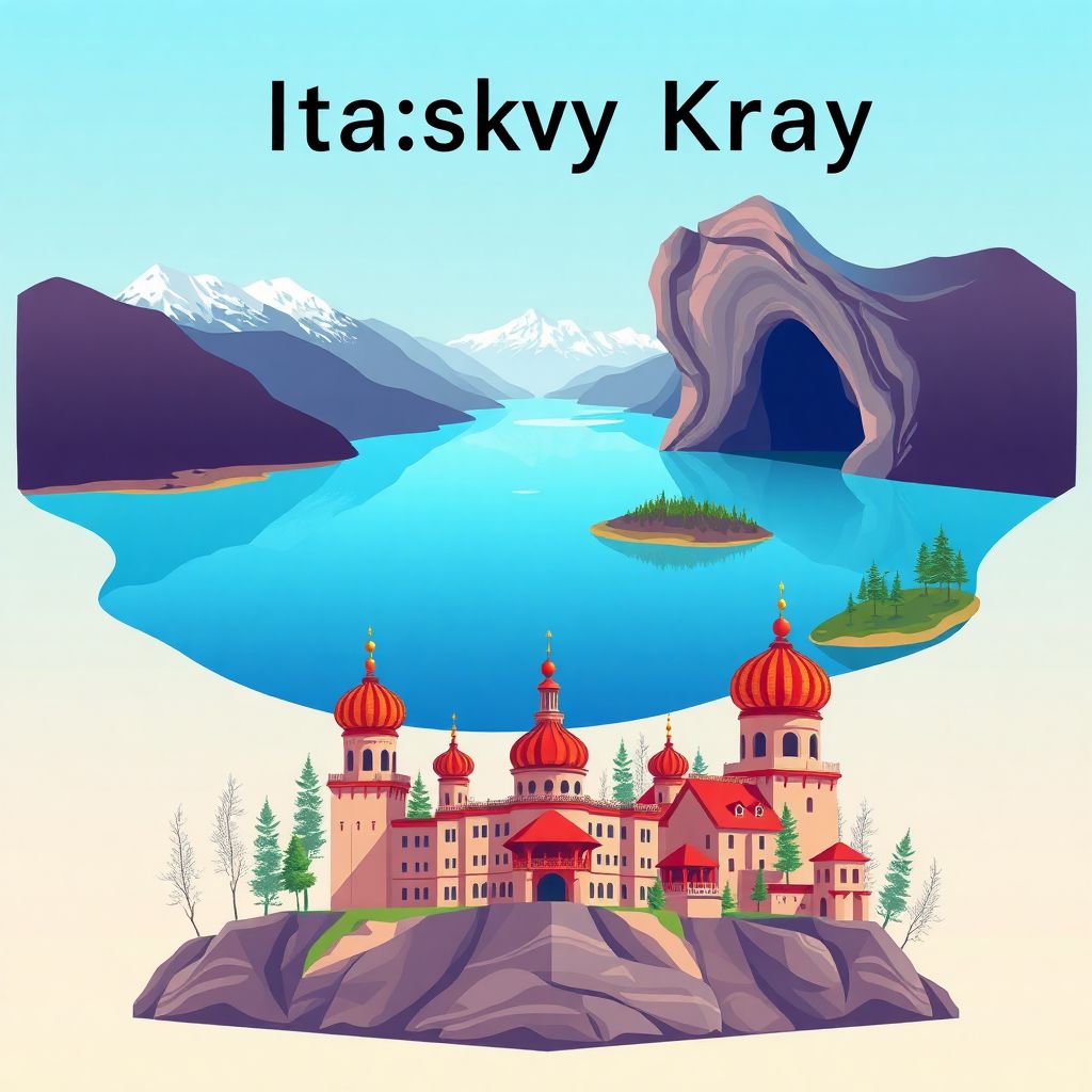 Ultra-high-definition gradient illustration style Altayskiy Kray illustration, showing the unique charm of Teletskoye Lake, the Denisova Cave, and the Altai Mountains.