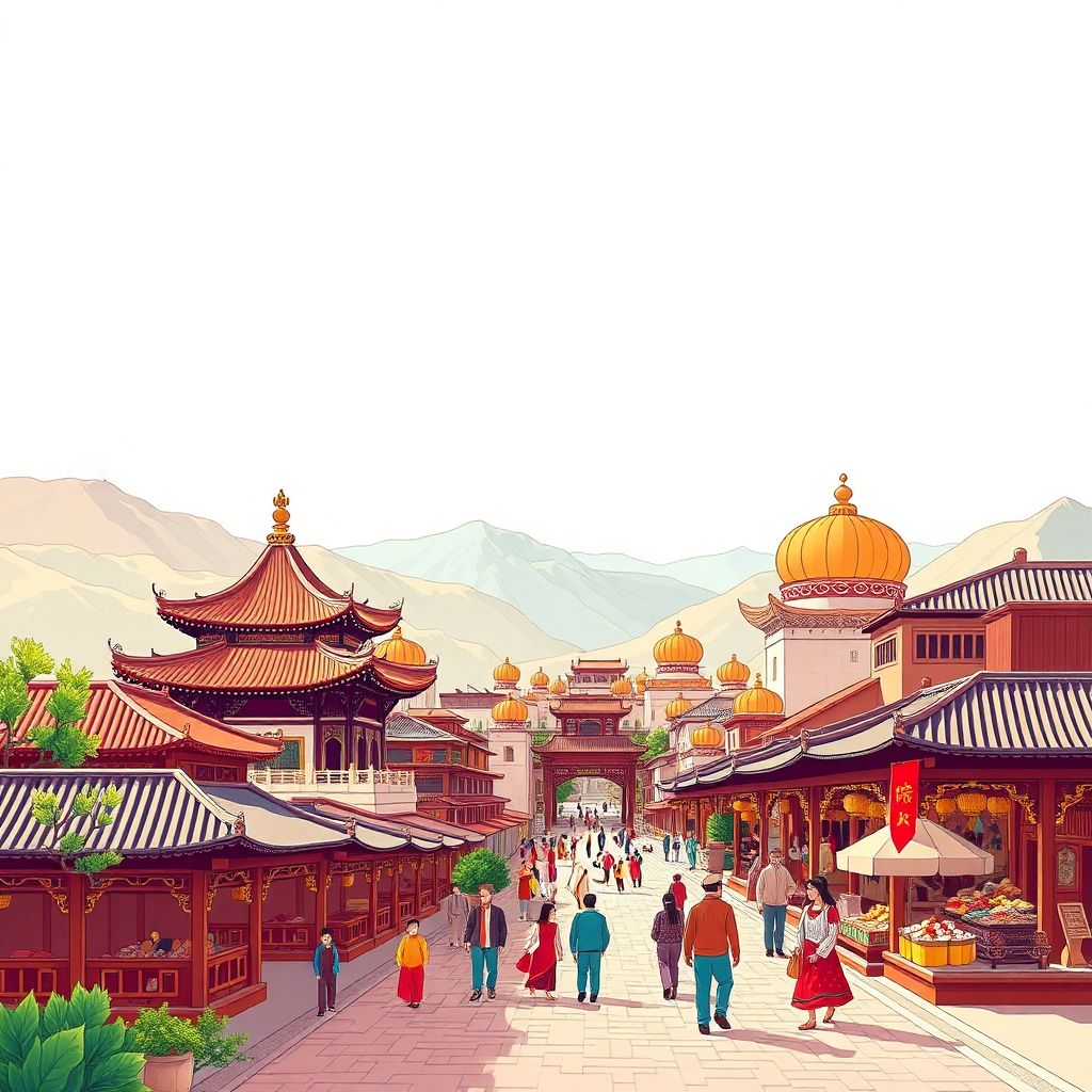 新疆乌鲁木齐天山天池、国际大巴扎、新疆舞蹈的渐变插画风格插图，展现了新疆的自然风光和独特文化。