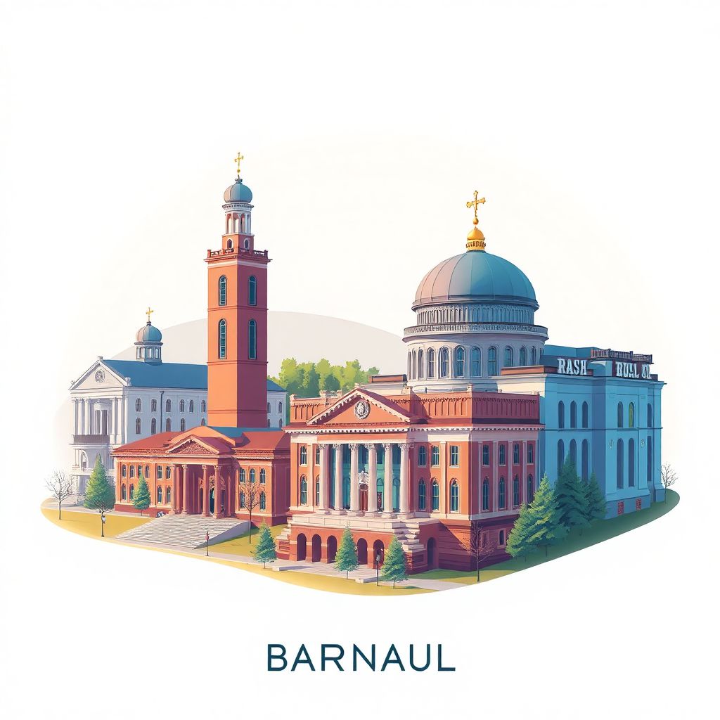 Ultra-high-definition gradient illustration style Barnaul illustration, showing the unique charm of the Altai State University and the Barnaul Drama Theater.
