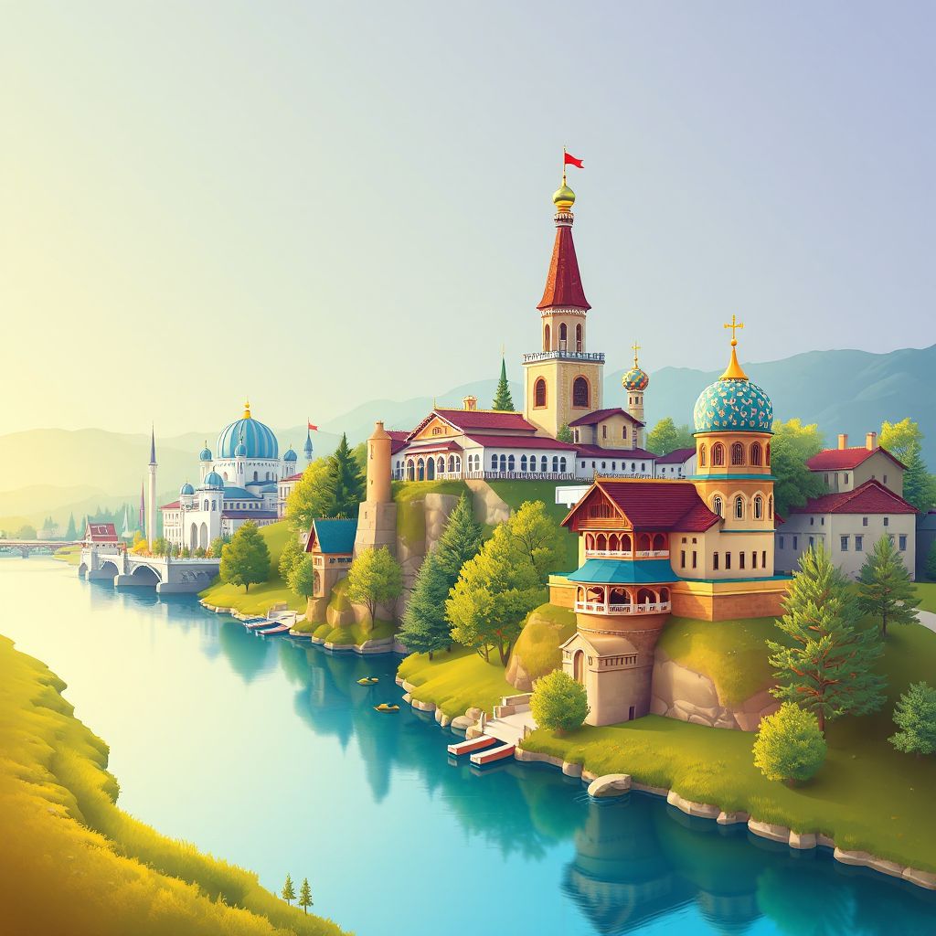 Ultra-high-definition gradient illustration of Miass, Chelyabinsk, Russia, featuring the Ilmen Nature Reserve and the Miass River.