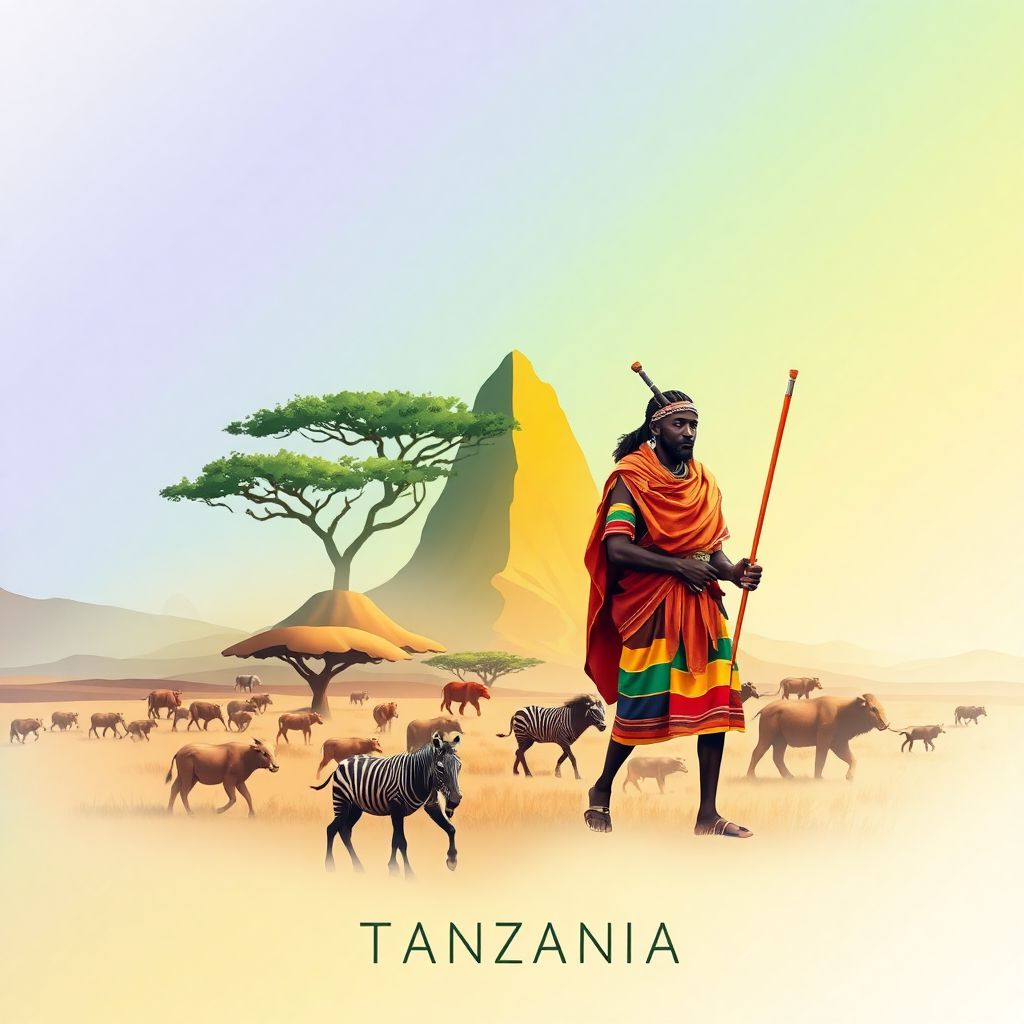 Ultra-high-definition gradient illustration of Mara Region, Tanzania, featuring Serengeti National Park, the Great Migration, and a Maasai warrior.