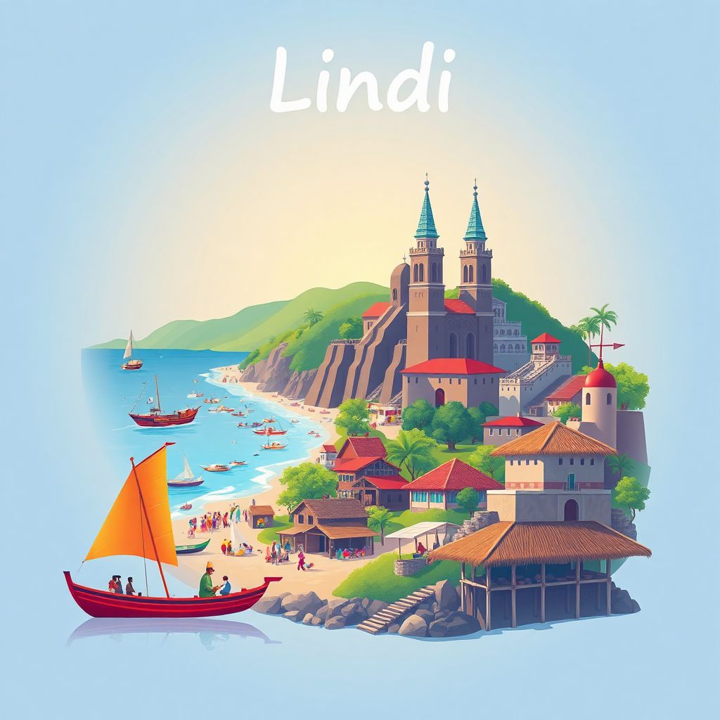 Ultra-high-definition gradient illustration of Lindi, Tanzania, featuring the Lindi Cathedral, German Boma, coastal scenery, and Makonde wood carvings.