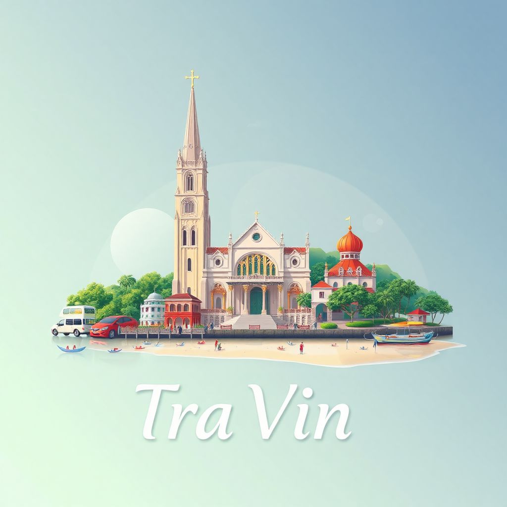 Ultra-high-definition gradient illustration style Tra Vinh Province illustration, featuring the Tra Vinh Cathedral and Ba Dong Beach.
