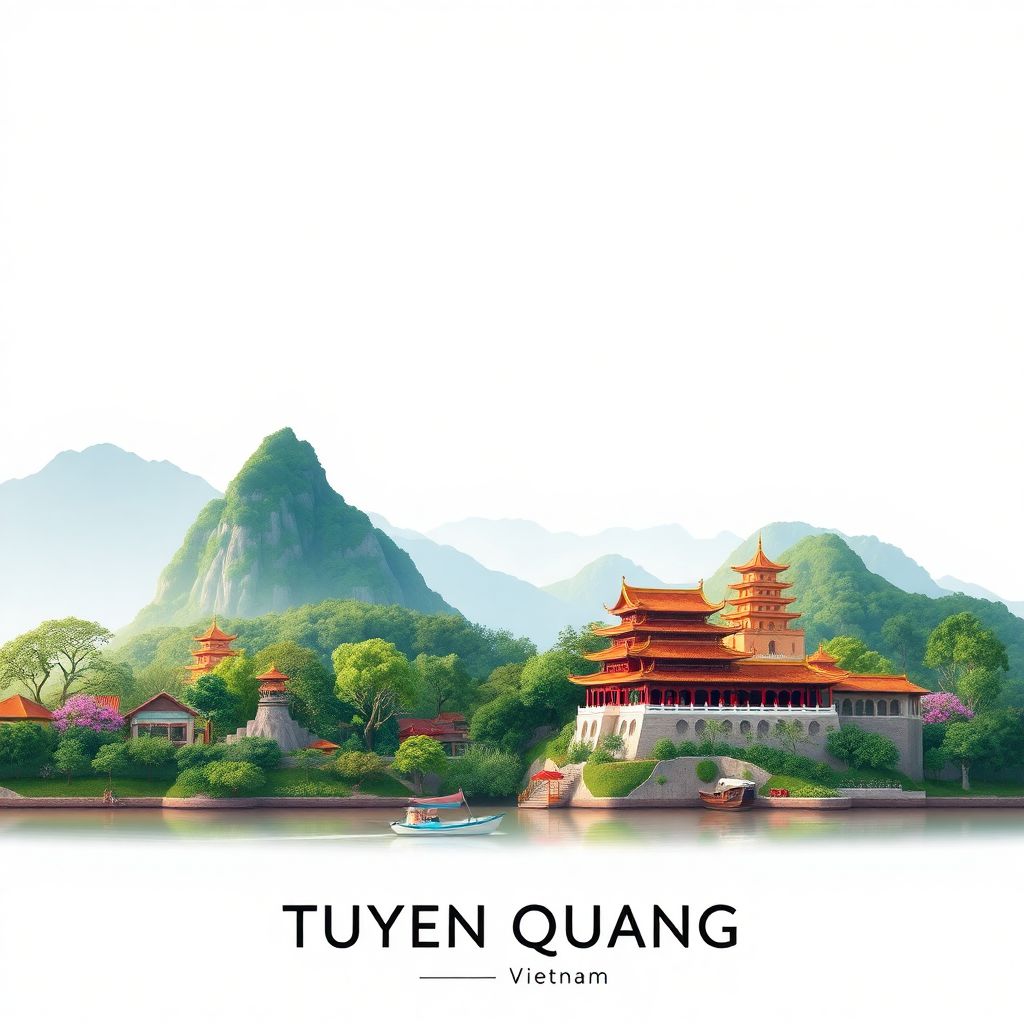 Ultra-high-definition gradient illustration style Tuyen Quang Province illustration, showcasing Na Hang Lake and Tan Trao Historical Site.