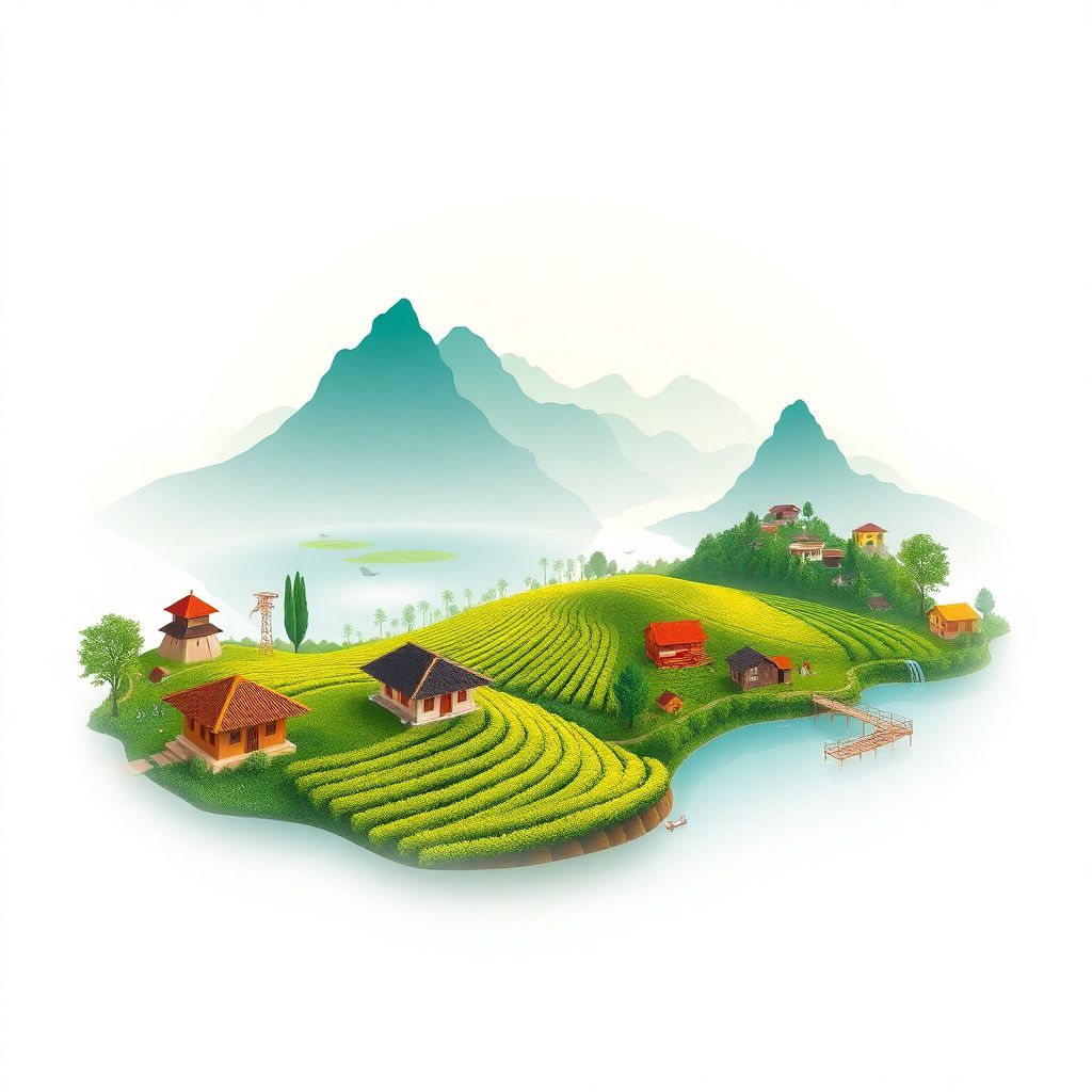 Ultra-high-definition gradient illustration of Yen Bai Province, Vietnam, featuring Thac Ba Lake, Suoi Giang tea plantations, and local Hmong culture.