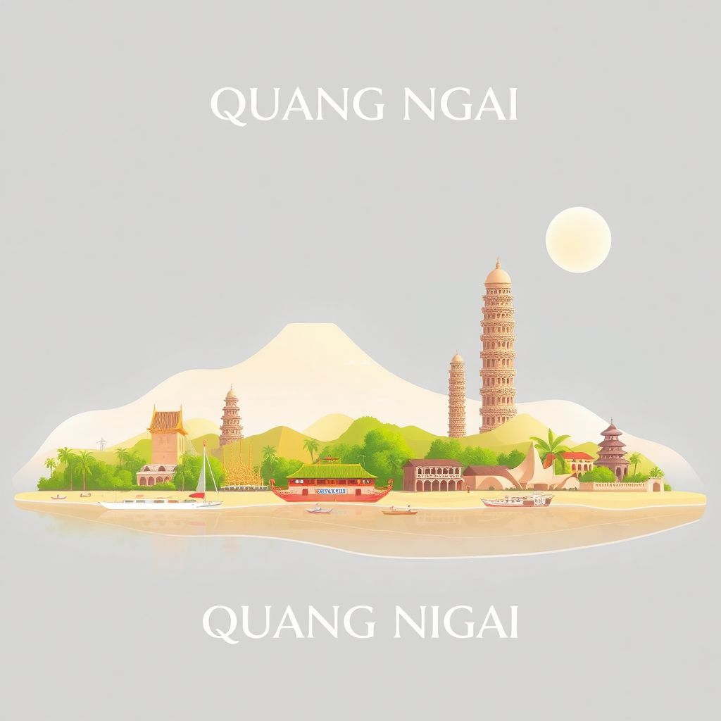Ultra-high-definition gradient illustration style Quang Ngai illustration, showing the unique charm of My Khe Beach, the ancient Champa towers.