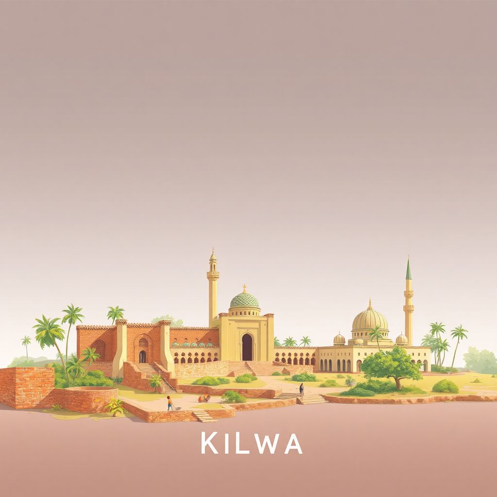 Ultra-high-definition gradient illustration style Kilwa illustration, showing the unique charm of the Kilwa Kisiwani ruins and the historic Great Mosque.