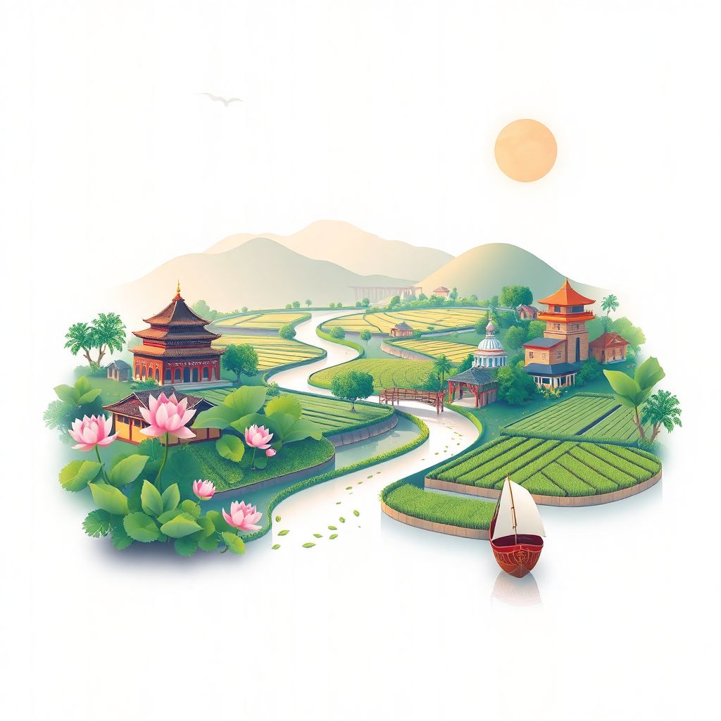 Ultra-high-definition gradient illustration style Long An illustration, showing the unique charm of Dong Thap Muoi Lotus Fields, the Mekong River, and traditional Vietnamese rice paddies.