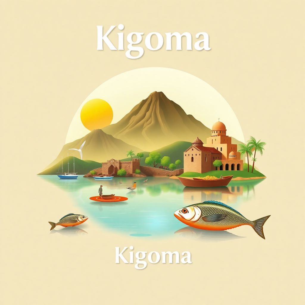 Ultra-high-definition gradient illustration style Kigoma illustration, featuring Lake Tanganyika, the Ujiji historical site, and fresh fish from the lake.
