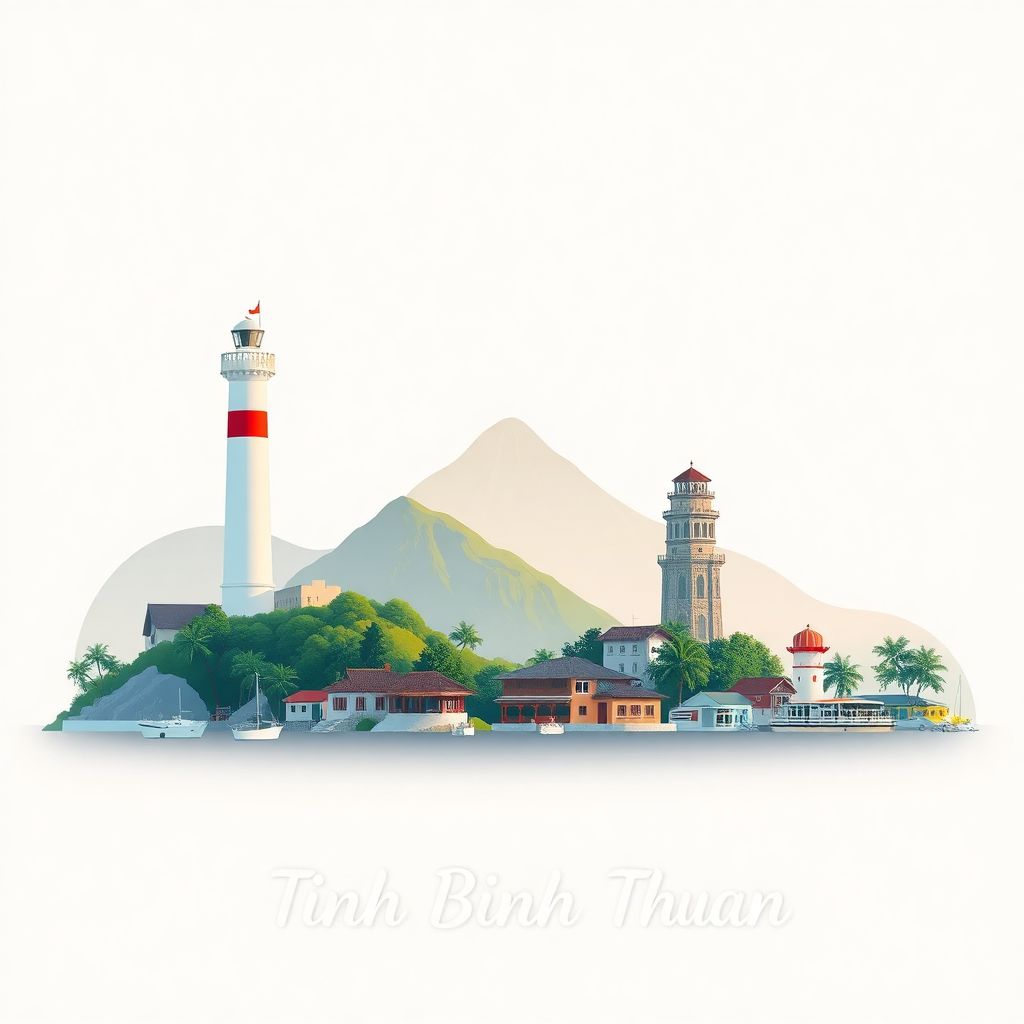 Ultra-high-definition gradient illustration style Tinh Binh Thuan illustration, showing the unique charm of the Ke Ga Lighthouse, the Ta Cu Mountain, and the Po Sah Inu Towers.