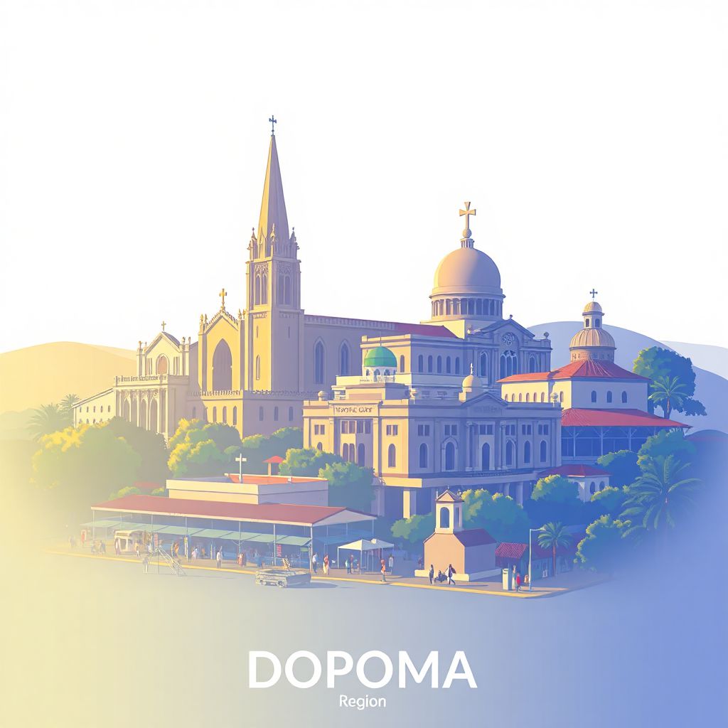 Ultra-high-definition gradient illustration style Dodoma illustration, showing the unique charm of the Dodoma Cathedral, the University of Dodoma, and the Dodoma Central Market.