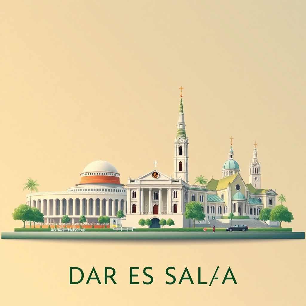 Ultra-high-definition gradient illustration style Dar es Salaam illustration, showing the unique charm of the National Museum of Tanzania, the Azania Front Lutheran Church, and St. Joseph's Cathedral.