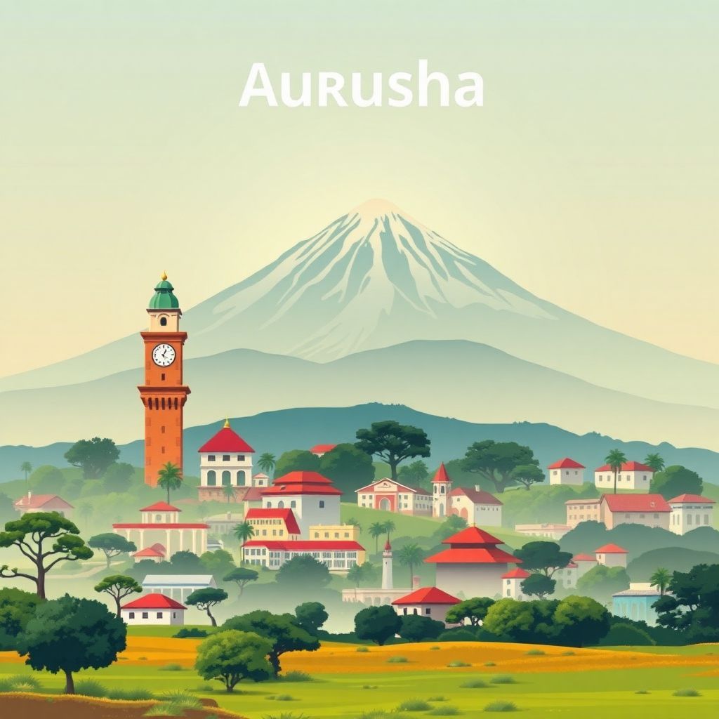 Gradient illustration of Arusha, Tanzania, featuring the Arusha Clock Tower, Mount Meru, and Arusha National Park.