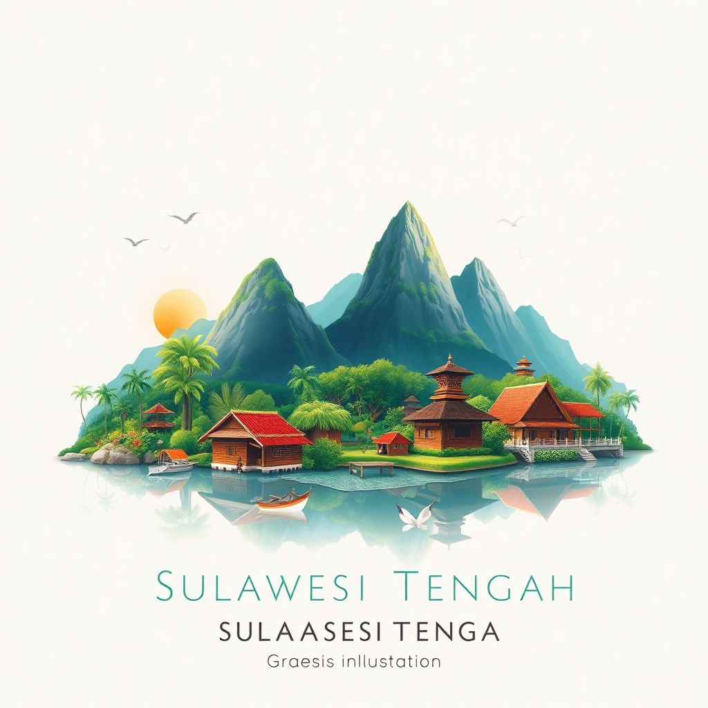 Ultra-high-definition gradient illustration of Sulawesi Tengah, Central Sulawesi, Indonesia, featuring Togean Islands, Lore Lindu National Park, and traditional Toraja houses.