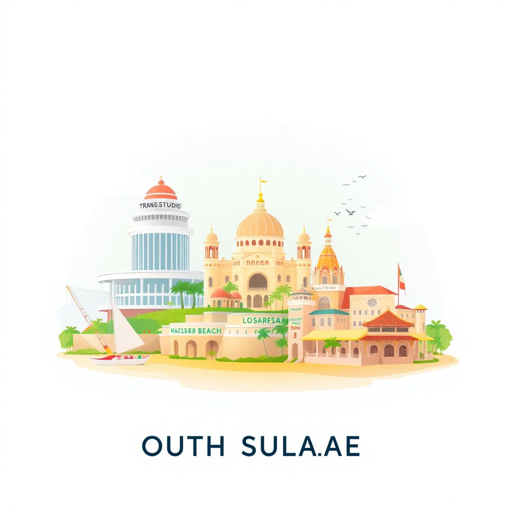 Ultra-high-definition gradient illustration style South Sulawesi artwork, featuring Trans Studio Makassar, Losari Beach, and Fort Rotterdam.